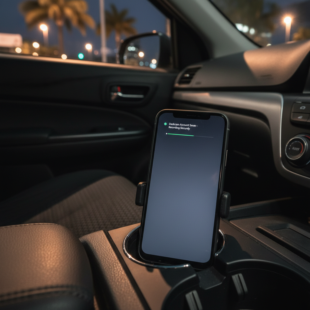 A close-up, photographic realism shot of a sleek black smartphone resting in a cup-holder cradle in a rideshare car, nearly indistinguishable from a normal phone setup. The screen shows an unobtrusive “Dashcam Account Saver – Recording Securely” message with a tiny status bar, while most of the display is a dark, low-power interface. The surrounding interior features textured dark fabric seats and a subtle glimpse of a night-time Darwin street scene through the side window, softly out of focus. Soft ambient streetlight filters in, creating gentle reflections on the phone’s glass and dashboard trim. The atmosphere is professional and reassuring, framed using the rule of thirds with a slightly angled top-down perspective that emphasizes discretion and privacy.